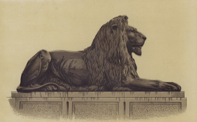 Uma das estátuas de leão da Trafalgar Square, Londres de English School