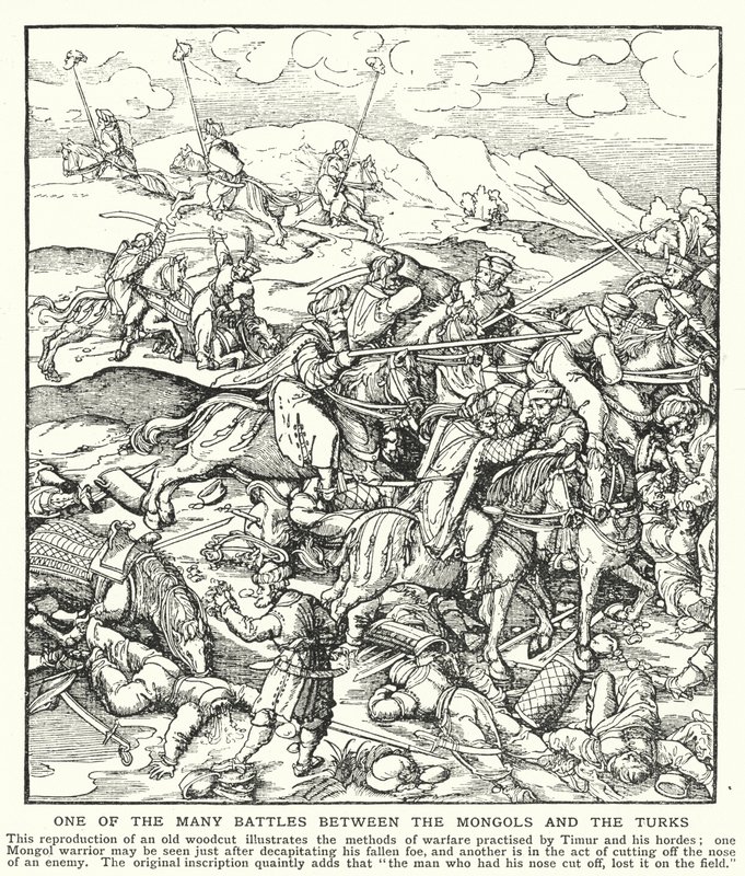 Uma das muitas batalhas entre os Mongóis e os Turcos (litho) de English School