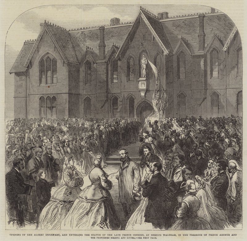 Abertura da Enfermaria Albert, e inauguração da Estátua do falecido Príncipe Consorte, no Bispo Waltham, na presença do Príncipe Arthur e das Princesas Helena e Louisa (gravura) de English School