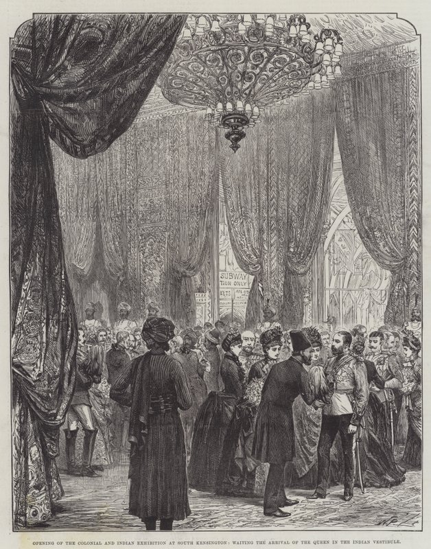 Abertura da Exposição Colonial e Indiana em South Kensington, aguardando a Chegada da Rainha ao Vestíbulo Indiano (gravura) de English School
