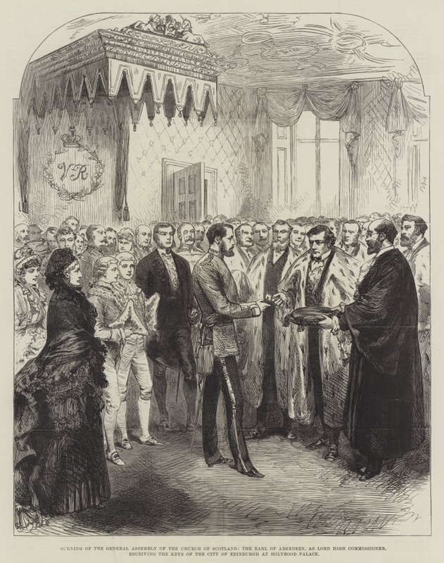 Abertura da Assembleia Geral da Igreja da Escócia, o Conde de Aberdeen, como Senhor Alto Comissário, recebendo as Chaves da Cidade de Edimburgo no Holyrood Palace (gravura) de English School