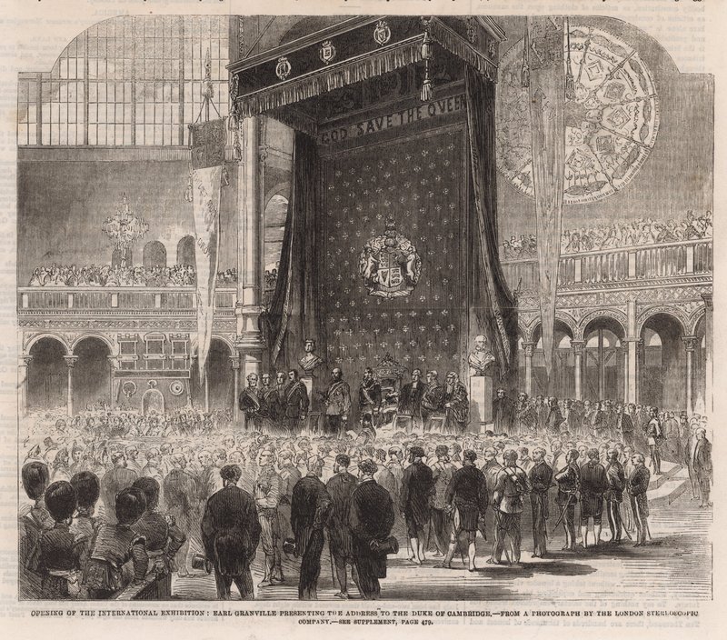 Abertura da Exposição Internacional; Earl Granville apresentando o endereço para o duque de Cambridge de English School