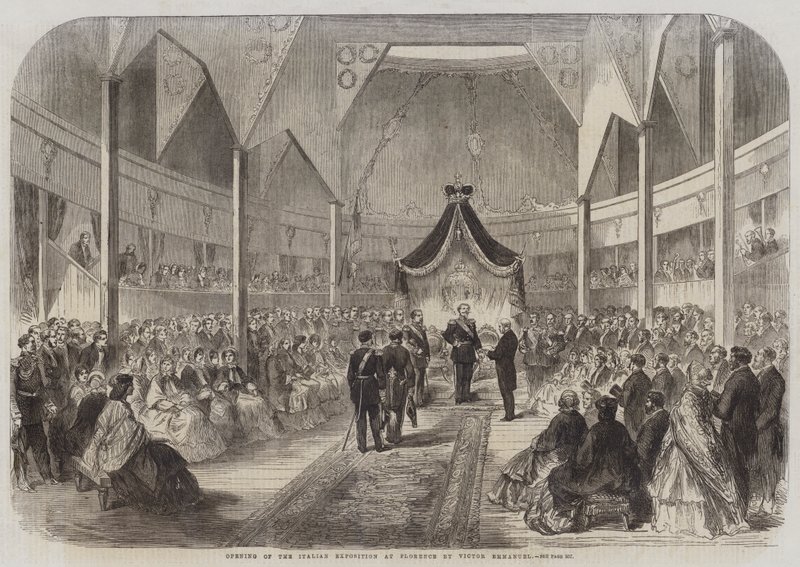 Abertura da Exposição Italiana em Florença por Victor Emmanuel (gravura) de English School