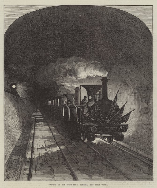 Abertura do Túnel Mont Cenis, o Primeiro Trem (gravura) de English School