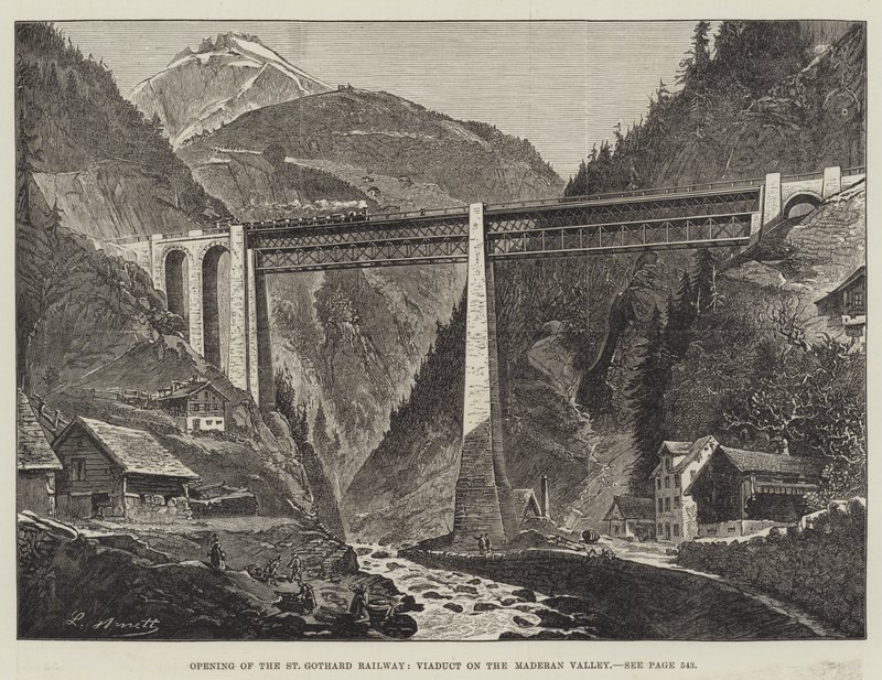 Inauguração da linha férrea de São Gothard, Viaduto do Vale do Maderan (gravura) de English School