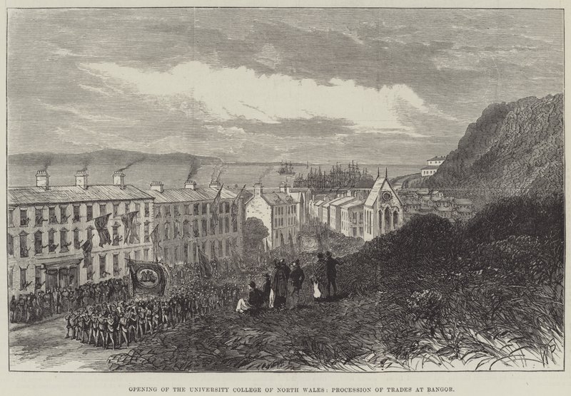 Abertura do University College of North Wales, Procession of Trades em Bangor (gravura) de English School