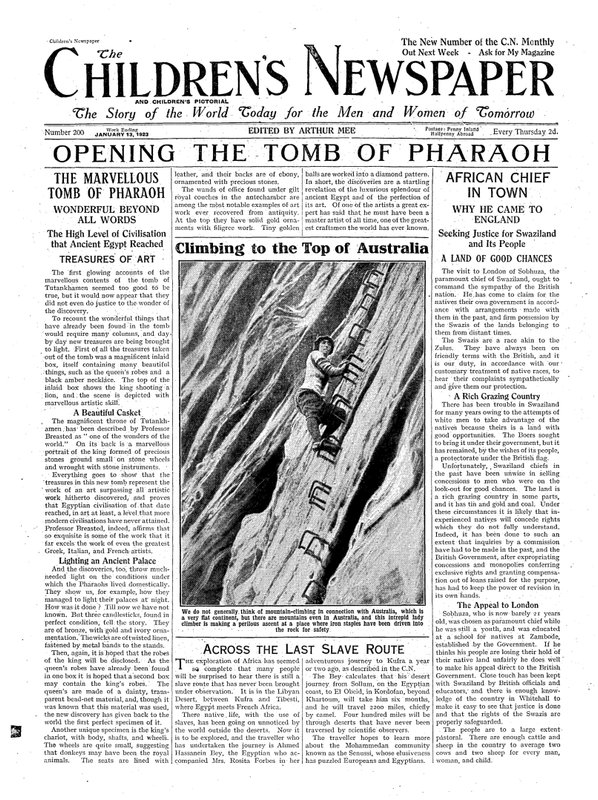 Abrindo o túmulo do faraó, ilustração do jornal infantil, 13 de janeiro de 1923 (papel de jornal) de English School