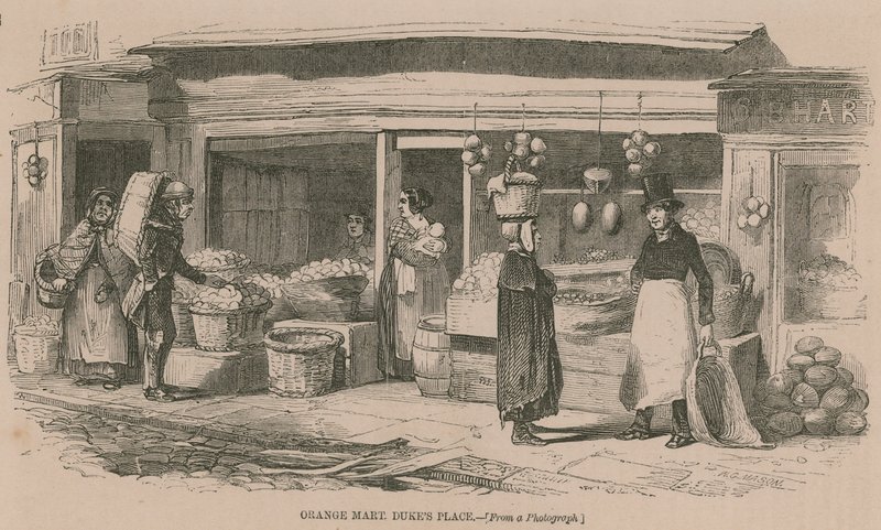 Mercado de laranja no Dukes Place, Londres de English School
