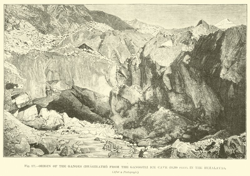 Origem do Ganges (Bhagirathi) da Caverna de Gelo Gangotri (10.300 pés), no Himalaia de English School