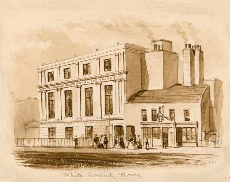 Desenho original em sépia da nova White Conduit House, Pentonville, Londres (tinta no papel) de English School