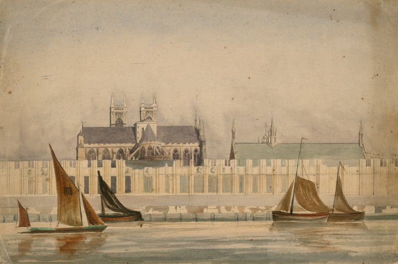 Desenho original em aquarela das Casas do Parlamento em construção em 1842 (wc em papel) de English School