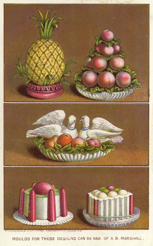 Moldes ornamentais para a criação de alimentos gelados em forma de ananás, pêssegos e duas pombas (chromolitho) de English School