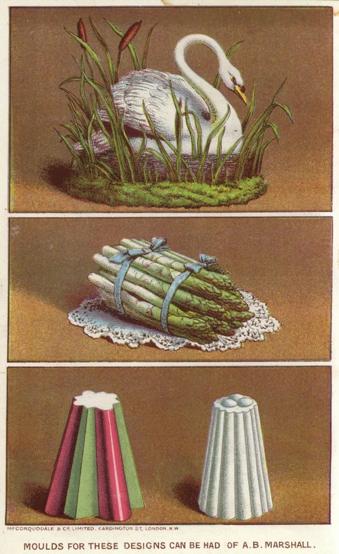 Moldes ornamentais para a criação de alimentos gelados em forma de cisne e feixe de espargos (chromolitho) de English School