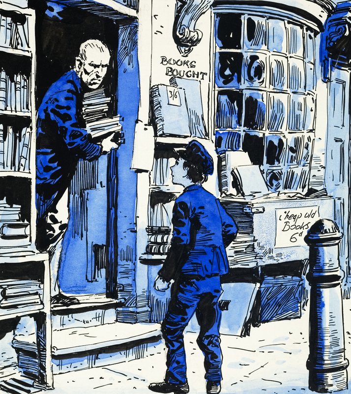 Menino órfão chegando para trabalhar na livraria de English School