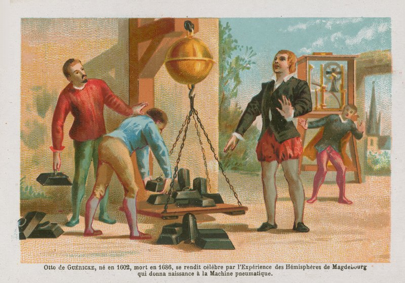 Otto von Guericke, cientista alemão (1602-1686) com os famosos hemisférios de Magdeburgo de English School