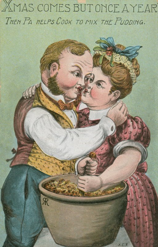 Pa e cozinheiro, agitando o pudim de Natal (cor litho) de English School