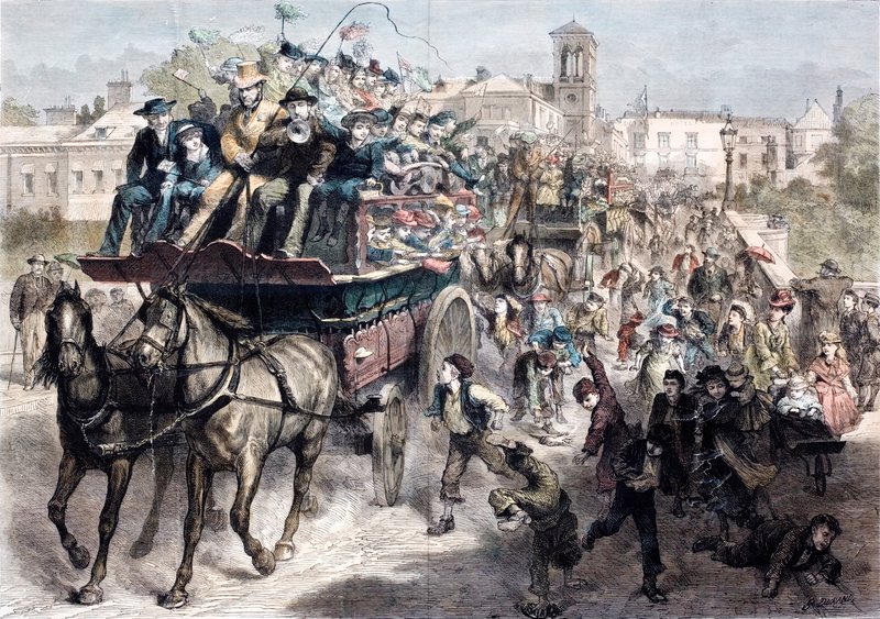 Autocarros cheios que levam os londrinos para um dia fora do país na época vitoriana (gravura colorida) de English School