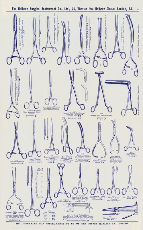 Página do catálogo de instrumentos cirúrgicos, c.1900 (litho) de English School