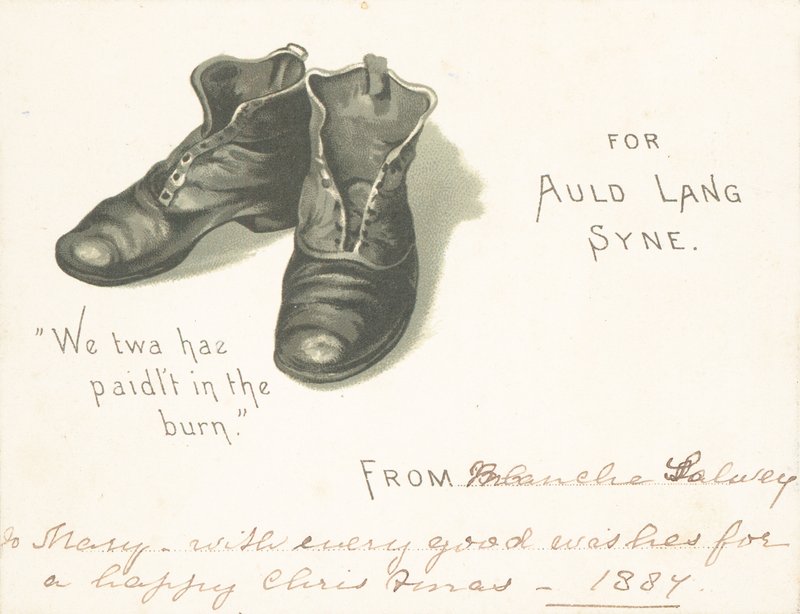 Par de botas pretas, cartão de Natal de English School