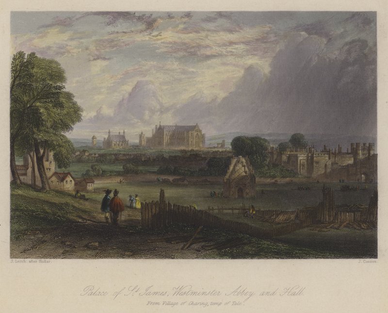 Palace of St James, Westminster Abbey and Hall, Londres (gravura colorida) de English School