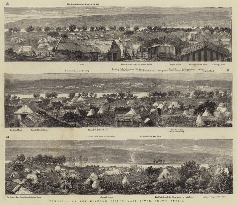 Panorama dos Campos Diamantíferos, Rio Vaal, África do Sul (gravura) de English School