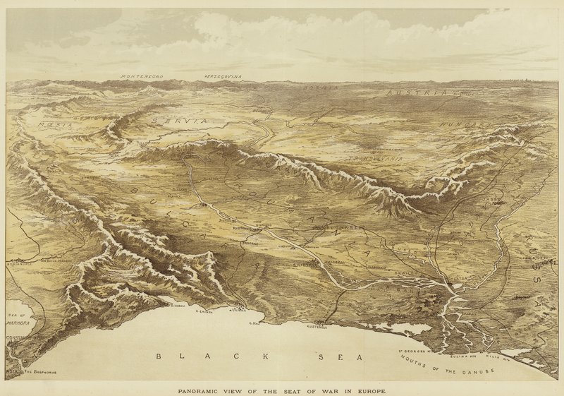 Vista panorâmica da sede da guerra na Europa (litografia a cores) de English School