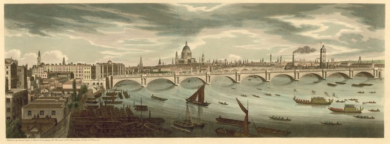 Vista panorâmica sobre Londres, incluindo London Bridge e St Pauls Cathedral de English School
