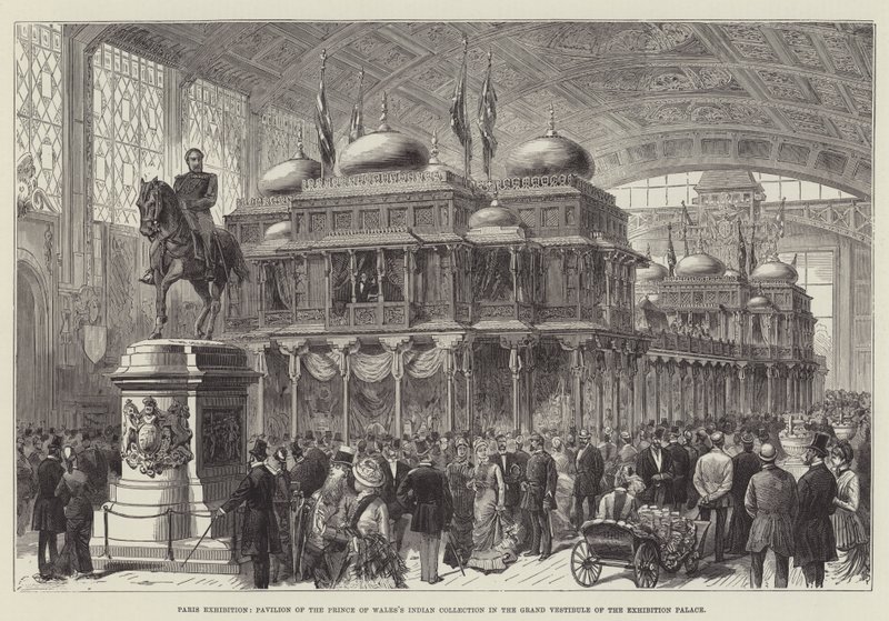 Exposição de Paris, Pavilhão da Colecção Indígena do Príncipe de Gales no Grande Vestíbulo do Palácio de Exposições (gravura) de English School