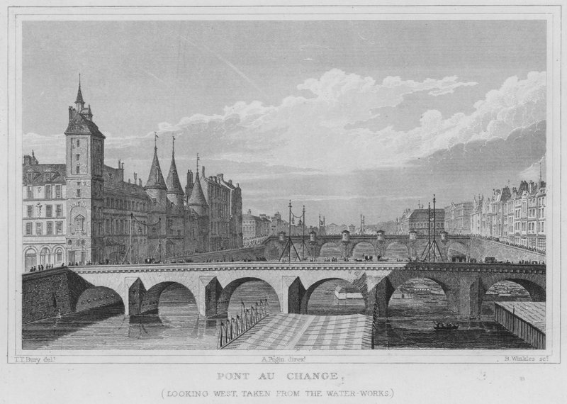 Paris, Pont Au Change, olhando para oeste, tirada das obras hidráulicas (gravura) de English School