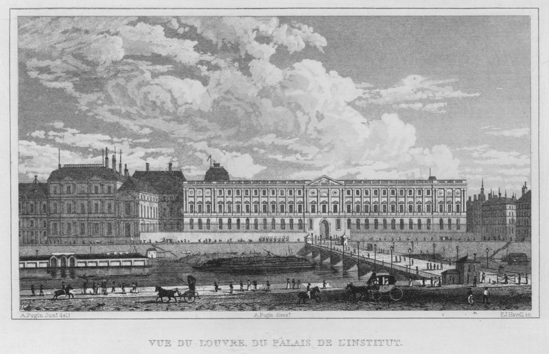 Paris, Vista do Louvre, do Palácio do Instituto (gravura) de English School