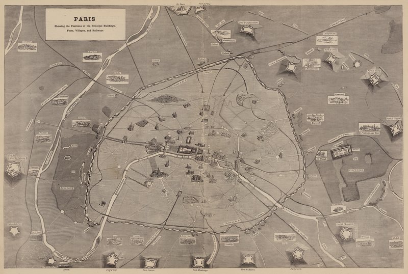 Paris, mostrando as Posições dos Principais Edifícios, Fortes, Aldeias e Estradas de Ferro (gravura) de English School