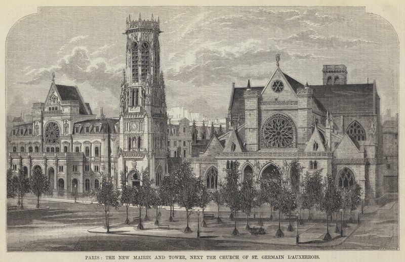 Paris, a Nova Mairie e Torre, ao lado da Igreja de São Germain l