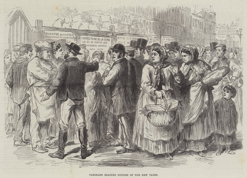 Parisienses lendo Noticias dos Novos Impostos (gravura) de English School