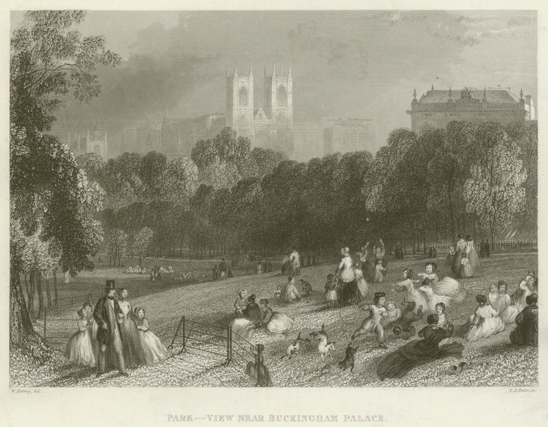 Parque, vista perto do Palácio de Buckingham (gravura) de English School