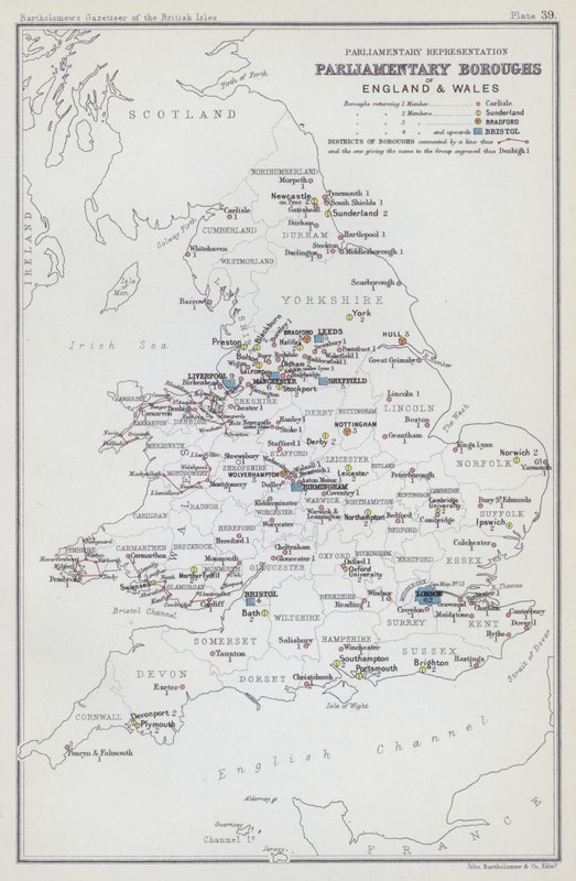 Representação parlamentar, freguesias parlamentares de Inglaterra e do País de Gales (litografia a cores) de English School