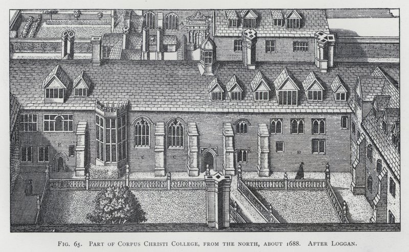 Parte do Corpus Christi College, do norte, cerca de 1688, depois de Loggan (gravura) de English School