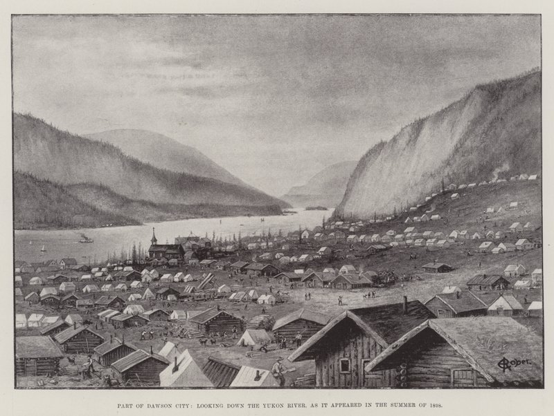 Parte de Dawson City, olhando para o rio Yukon, como apareceu no Verão de 1898 (litho) de English School