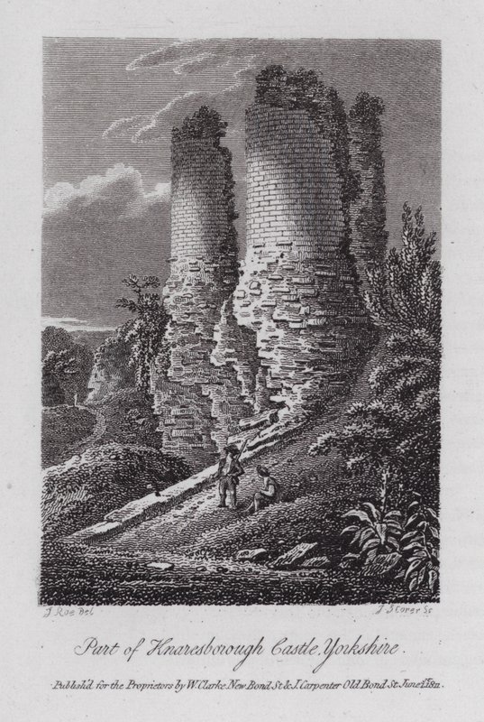 Parte do Castelo de Knaresborough, Yorkshire (gravura) de English School