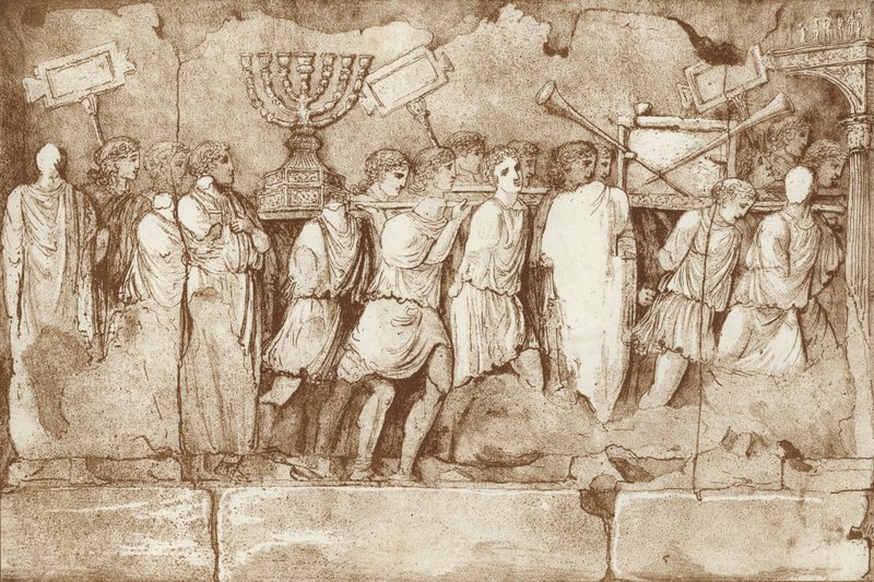 Parte de um friso no Arco de Tito, em Roma, mostrando prisioneiros judeus portando artefatos de Jerusalém de English School