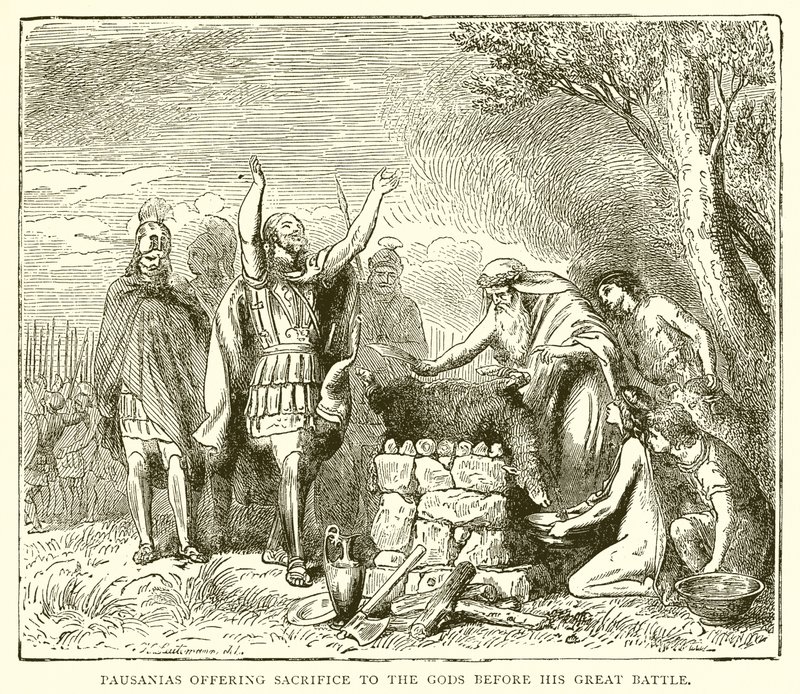 Pausânias oferecendo sacrifício aos deuses antes de sua grande batalha de English School