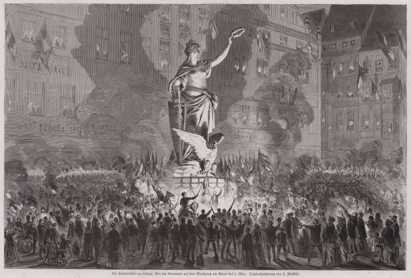 Celebrações da paz perante a estátua da Germânia na praça do mercado de Leipzig, Alemanha, na noite de 5 de Março de 1870 (gravura) de English School