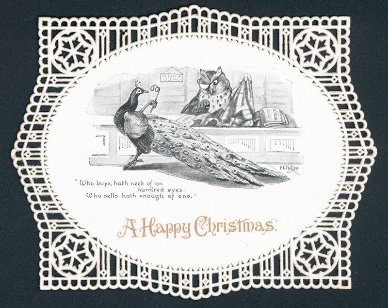 Pavão e coruja na loja, cartão de Natal de English School