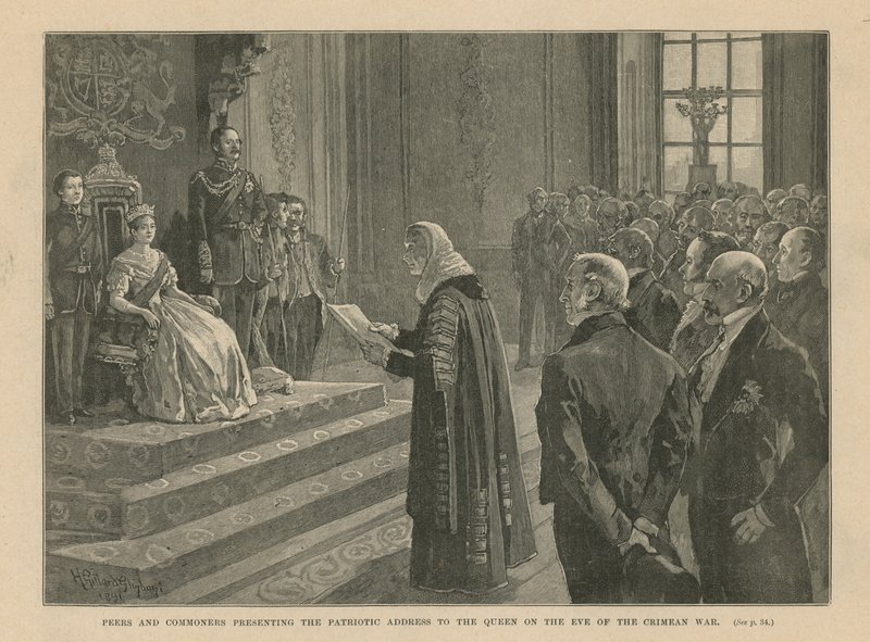 Pares e plebeus apresentando o endereço patriótico à rainha na véspera da Guerra da Criméia de English School