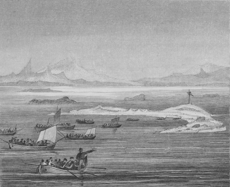 Povo da província romana de Venetia buscando refúgio dos hunos nas ilhas do Adriático, 452 de English School