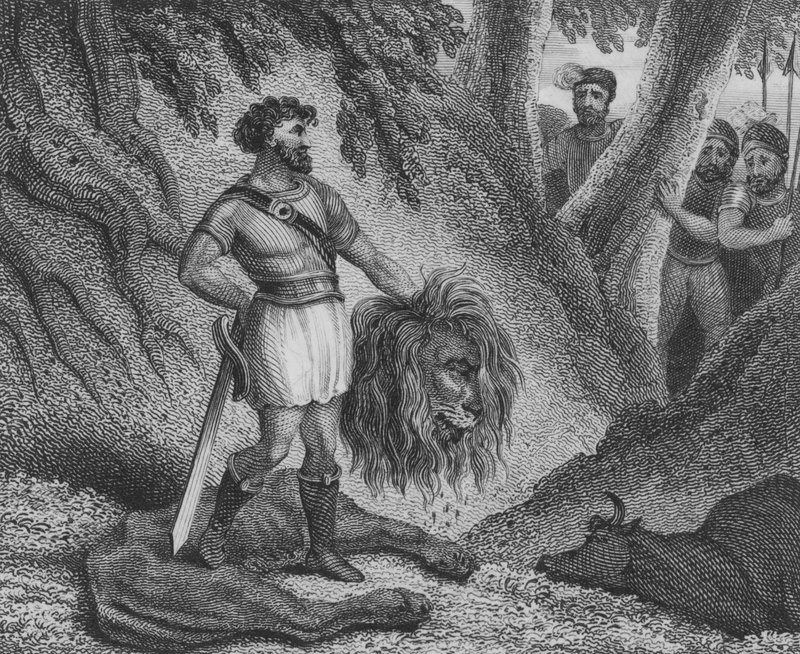 Pepin, o Baixo, Rei dos Francos, provando que sua estatura não impede sua capacidade de governar matando um leão de English School