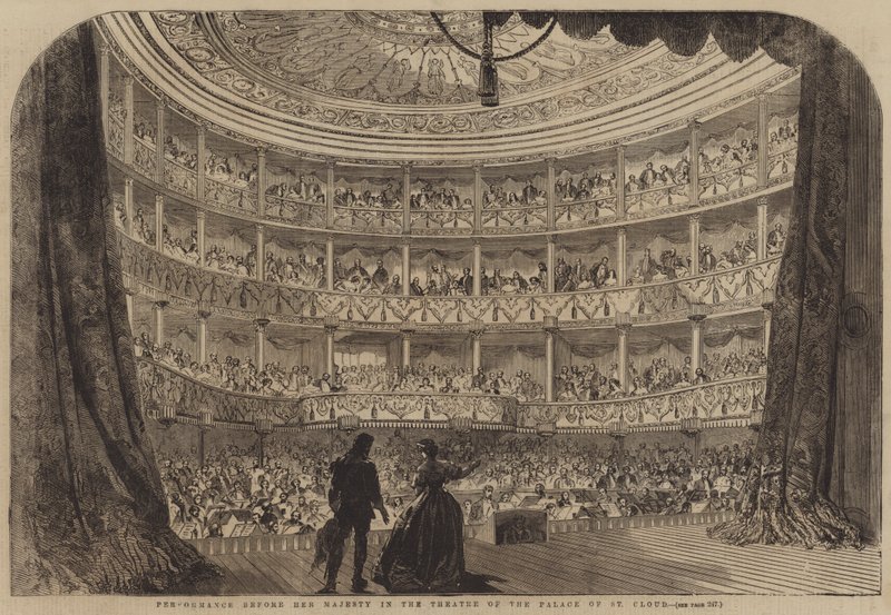 Actuação perante Sua Majestade no Teatro do Palácio de St Cloud (gravura) de English School