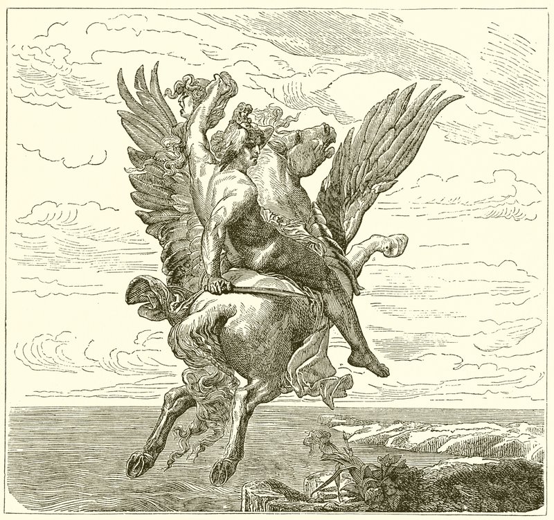 Perseu no cavalo alado Pégaso, com cabeça de medusa de English School