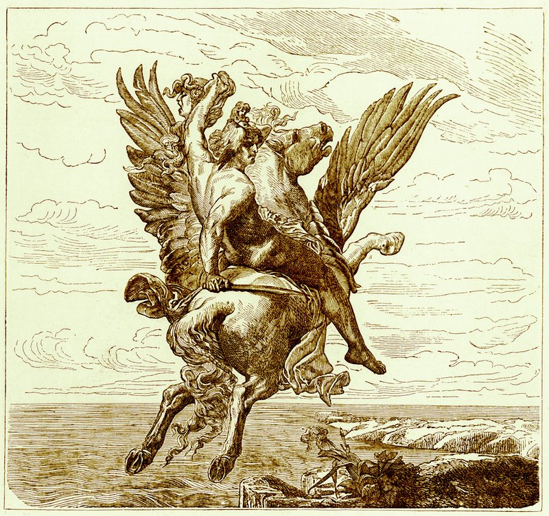 Perseu no cavalo alado Pégaso, com cabeça de Medusa, ilustração da história ilustrada do mundo, publicado c.1880 (imagem digital melhorada) de English School