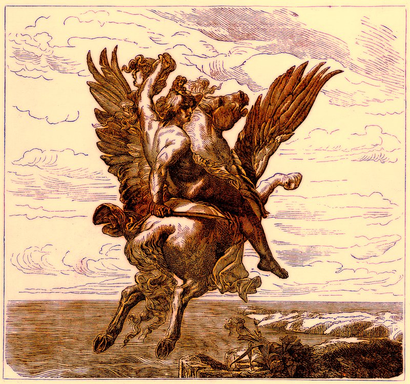 Perseu no cavalo alado Pégaso, com cabeça de Medusa, ilustração da história ilustrada do mundo, publicado c.1880 (imagem digital melhorada) de English School