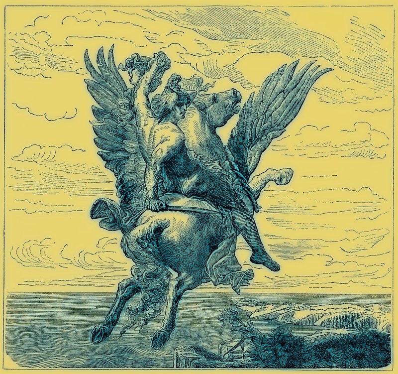 Perseus on the Winged Horse Pegasus, com Cabeça de Medusa, ilustração de 